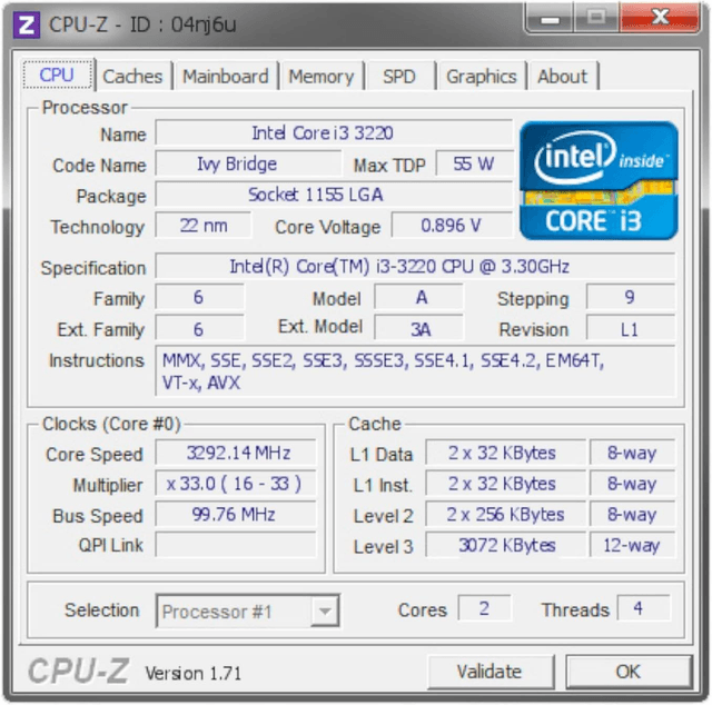 Intel Core i3-3220 LGA 1155 @ 3.30GHz