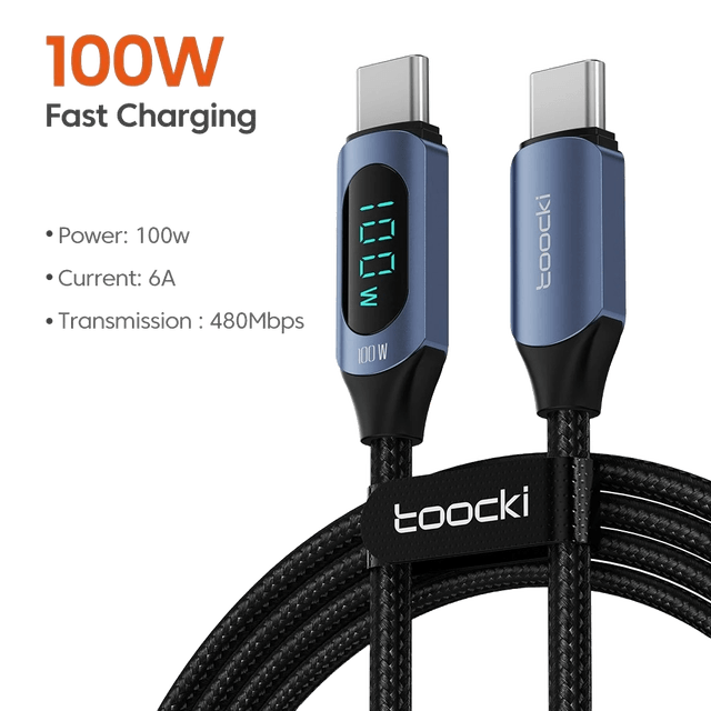 USB-C to USB-C Smart Charge & Data 100W 6A 2 Meter Blue Cable with Display